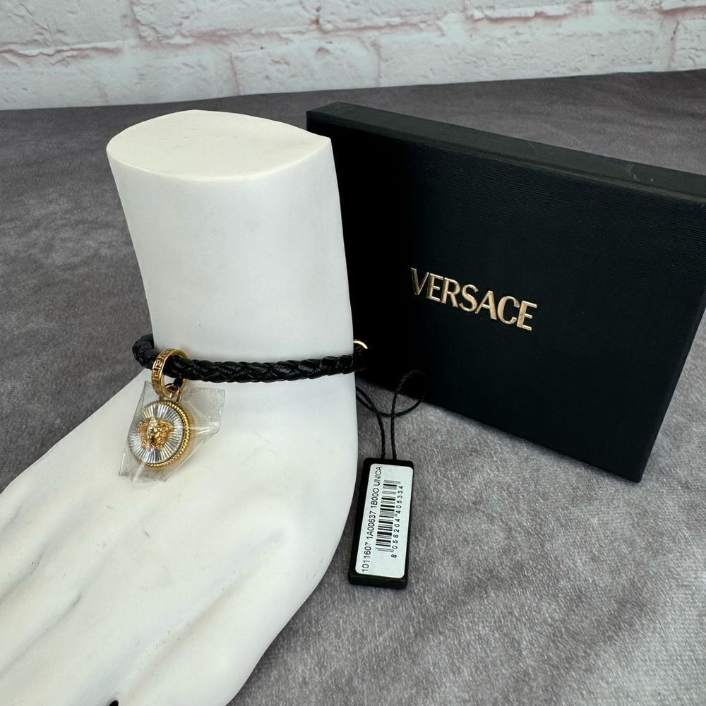 Versace Charm Medusa Woven Leather Bracelet Black NWT
